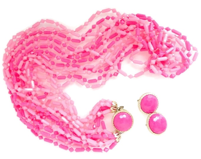 Pink Bead Jewelry Set - Vintage Hong Kong Necklace, Clip-on Earrings, Vintage Demi Parure