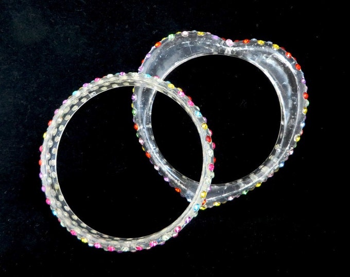 Vintage Bangles - Rhinestone Bangle Pair, Confetti Bracelets, Heart and Round Bangles, Gift for Her