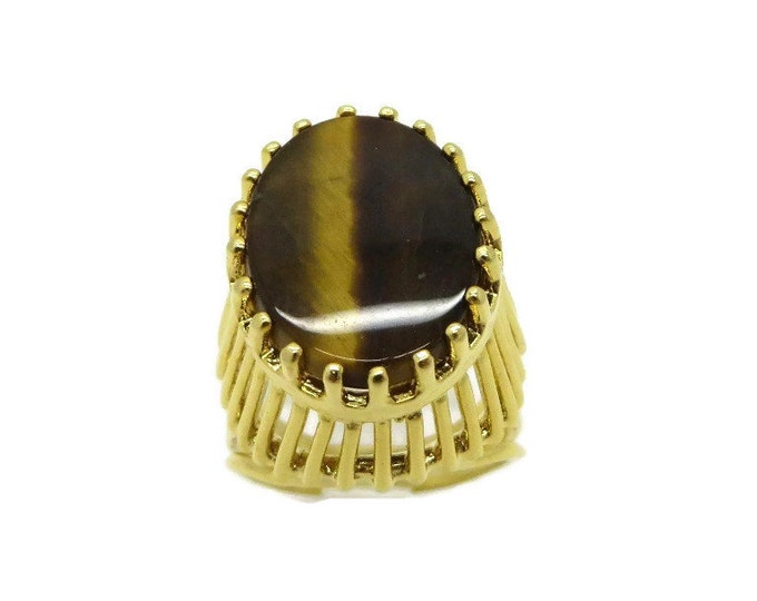 Vintage Tiger Eye Ring | 18K Gold Plated Statement Ring | Size 6