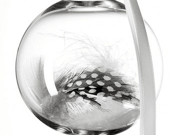 Set of One Handmade Glass Bauble with Black and White Guinea, and White Feather