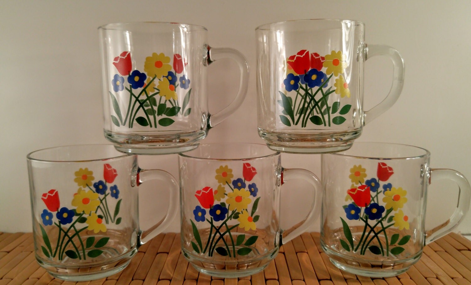 Vintage Luminarc Floral Coffee Mugs. Clear Glass with Yellow