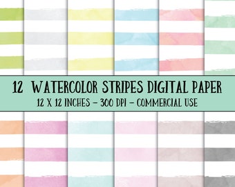 Watercolor Stripes Digital Paper - Watercolor Digital Paper - Commercial Use - Striped Digital Paper - Instant Download - Watercolor Paper