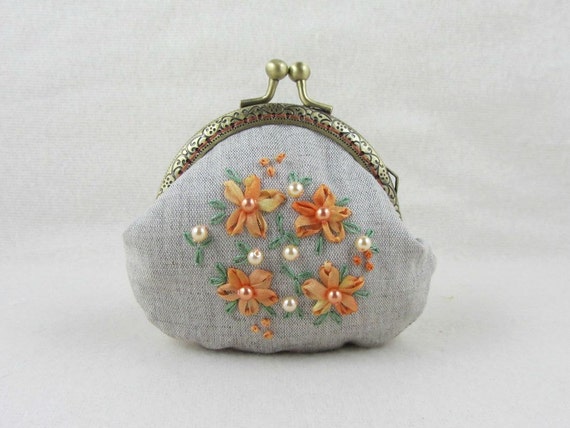 Embroidered linen coin purse hand embroidered purse orange