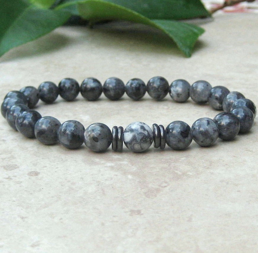 Men's Bracelet Labradorite Gemstone Gray Yoga Stretch