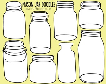 Digital Stamps - Mason Jar Clipart - Hand Drawn Clip Art - Mason Jar Doodles Line Art