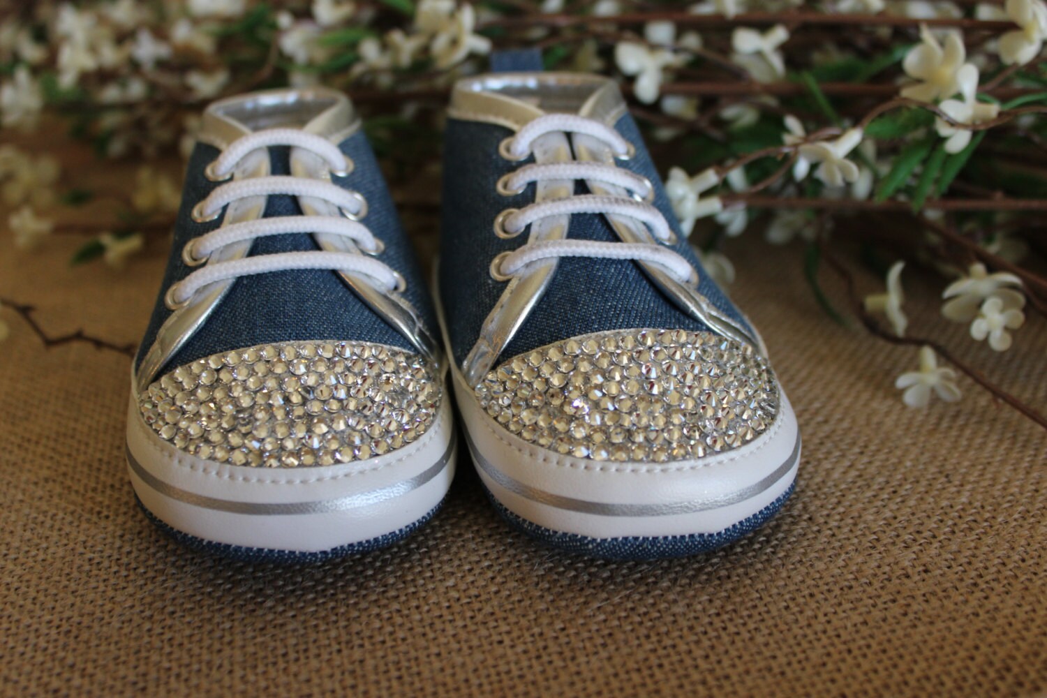 Ransdell's Rhinestones blue baby booties with Swarovski