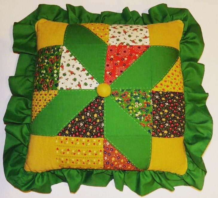 Patchwork pillow vintage throw pillow green by SweetVintageRoad