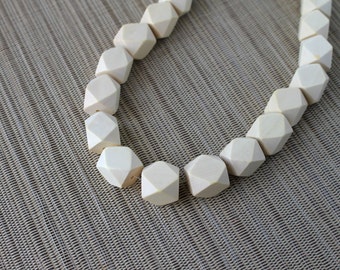 15mm White Geometric Polygon Wood Beads - Bleached - 15 inch strand