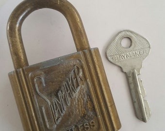 Vintage Slaymaker lightweight rustless padlock, gold painted No.560 key, cabinet lock