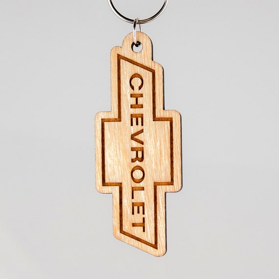 Chevrolet Keychain Chevy Carved Wood Key Ring by LadyMaggies