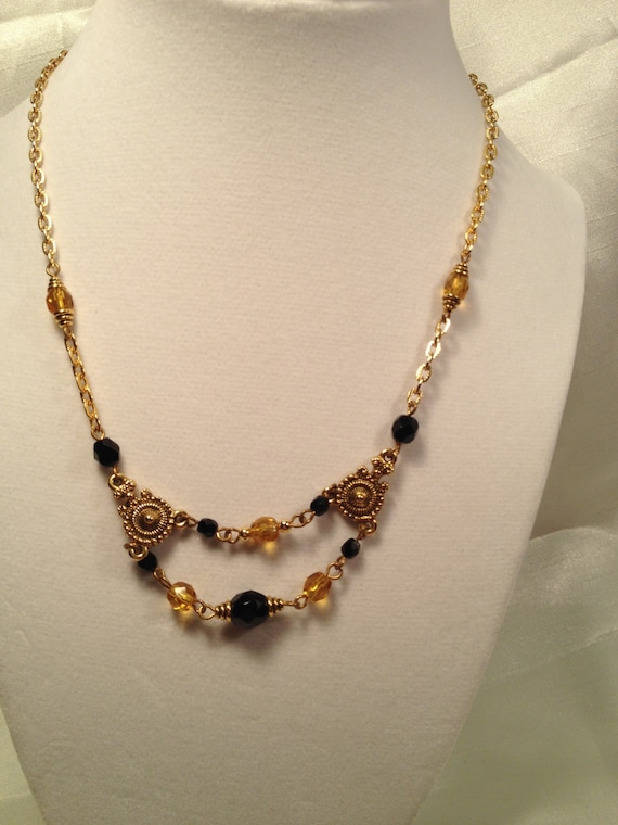 Black and Gold 15 Inch Choker necklace with Gold Tone