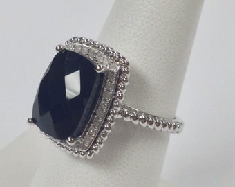 Natural Black Onyx with Natural Diamond Ring 925 Sterling Silver