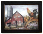 Rooster and Barn ... country home decor, Good Morning Vermont art print, farm and barn, wall hanging, real wood frame, Handmade in the USA