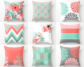 Pillow Covers, Throw Pillow Covers, Lucite Green Coral Grey Blush White, Spring Pillow Covers Mix and Match! Decorative Pillows