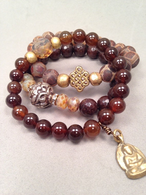 Eclectic bracelet mix, set of 3 coffee brown Agates and Jade stones