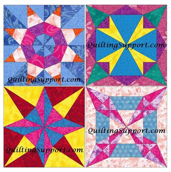 Star Set of 4 Paper Piece Template Quilting Block Patterns Set