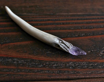 Amethyst Crowned, Antler Hair Stick - Carved Out Leaves Wreathed Around Raw Crystal - Hand-Crafted