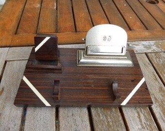 organizer, perpetuel calendar, door pens, marquetry wood, metal, pearl, VINTAGE 1950