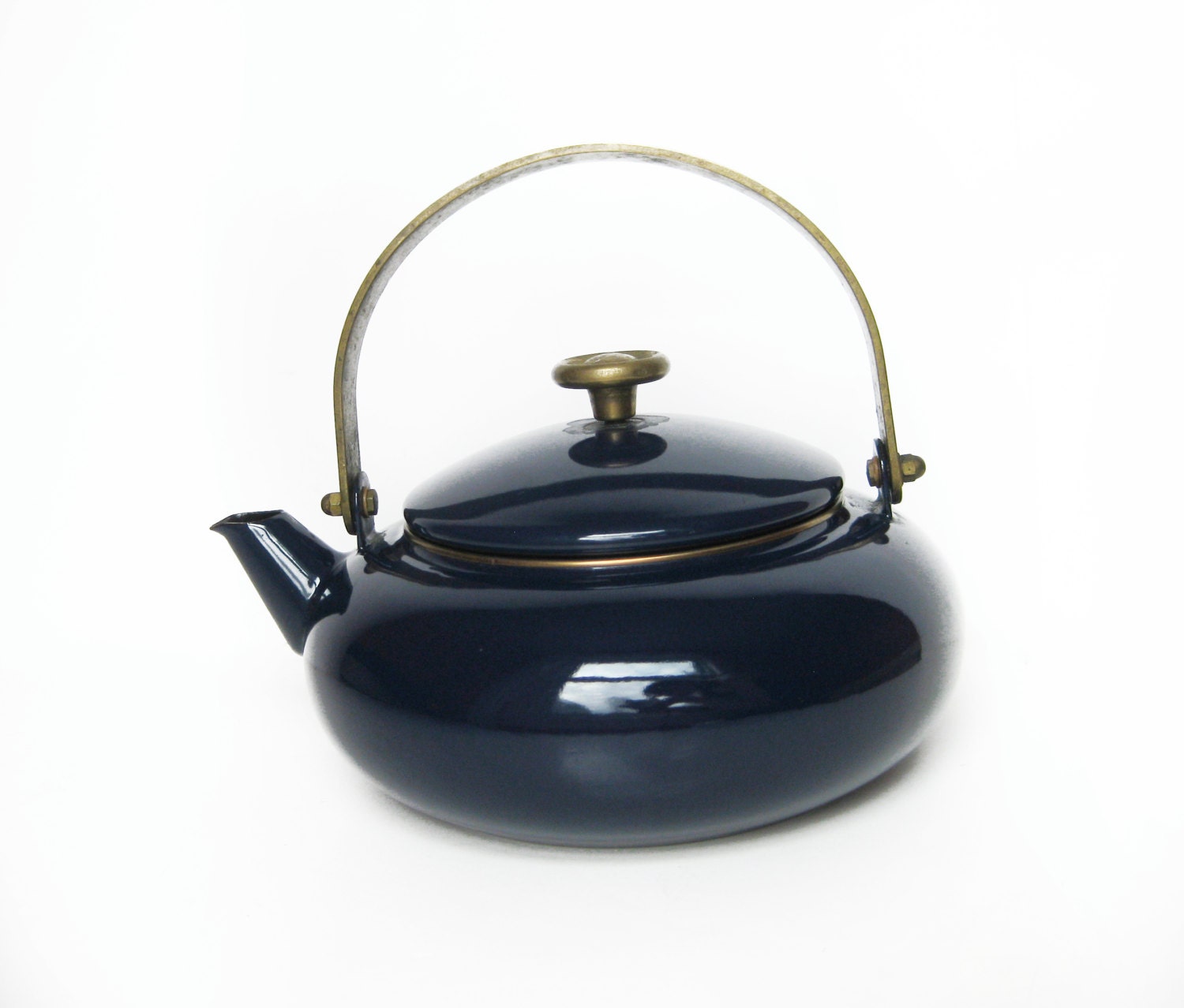 Vintage Navy Blue Enamel Teapot with Brass Handle and Knob Haute Juice