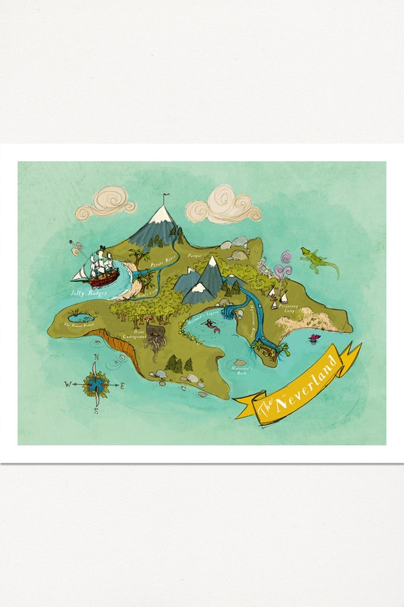 Neverland Map // Nursery Art Print // 8x10 11x4 or 13x19