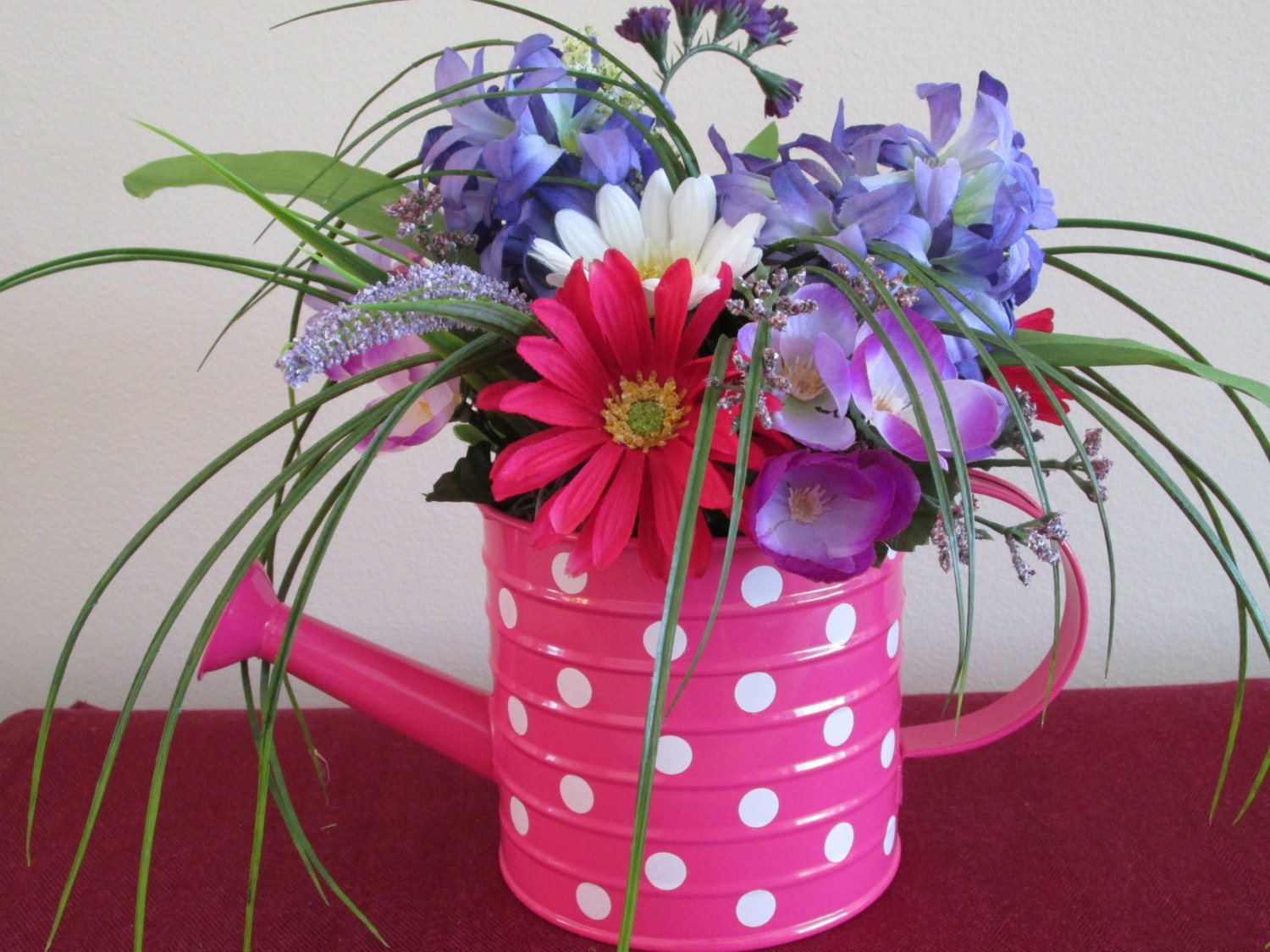 Summer Flower Arrangement Watering Can Pink Lilacs Daisy