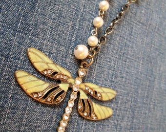 Dragonfly Pendant Necklace with Sage Green and Pearl Glass Beads and varied Chain; Gift for Her; Vintage Style, Dragonfly