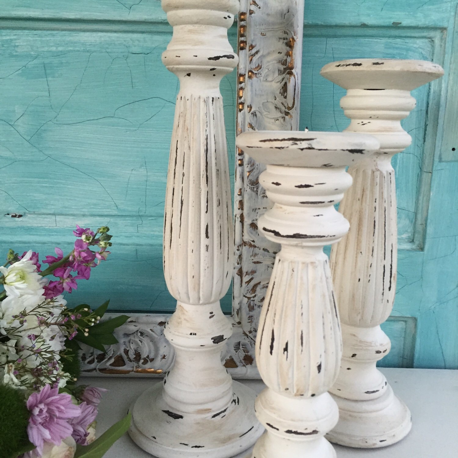 Cream Distressed Candle Holders Shabby Chic Tall French