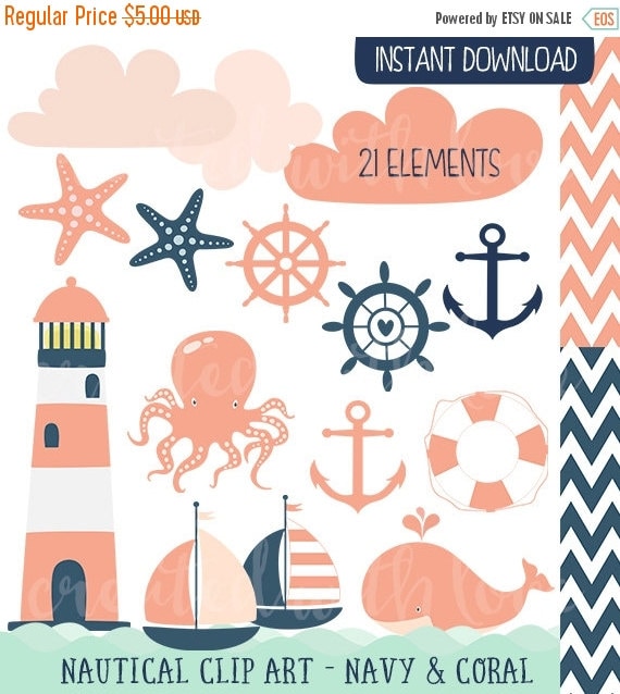 30% OFF Nautical Clip Art Navy Coral - Lighthouse Sailboat Whale 