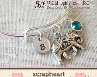 Overcome Any Obstacle Elephant Bracelet, Inspirational LUCKY ELEPHANT Bangle Bracelet Gift, Personalized Initial Good Luck Bangle Bracelet