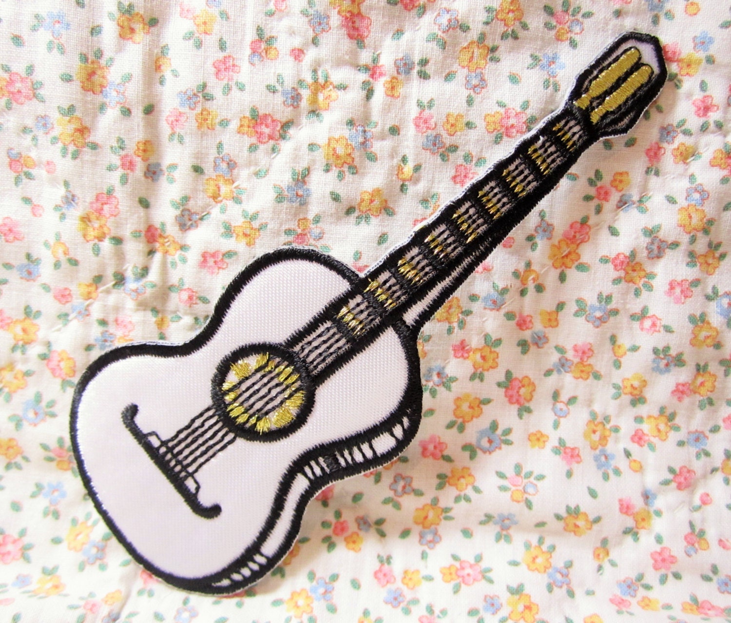 Guitar Patch Acoustic Guitar Iron On White Country Music