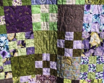 Twin-size quilt; twin quilt; single bed quilt; single quilt; bed quilt; patchwork quilt;purple bedding; purple quilt; green quilt; quilt