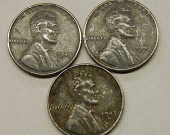 Complete Set 1943 WW2 Steel Wheat Pennies - All 3 Mints (P,D,S) - WWII - World War 2 - Old Coins