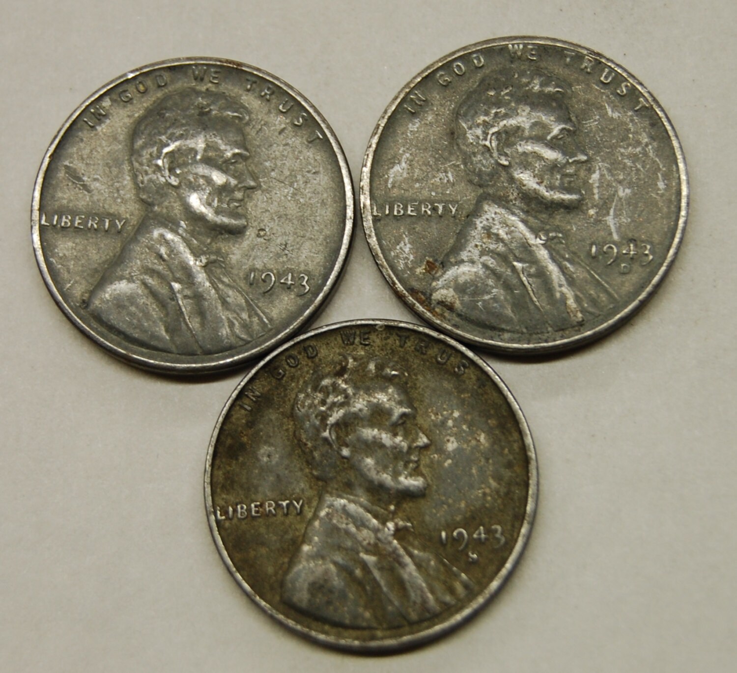Complete Set 1943 WW2 Steel Wheat Pennies All 3 Mints