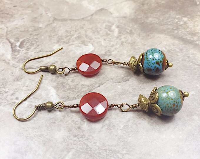 Carnelian Turquoise brass earrings, Brass carnelian earrings, Turquoise brass dangle, long brass earrings
