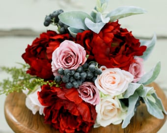 Silk Marsala Blush Peony Bouquet Winter Wedding Bouquet with Peony, Roses, and Berries - Silk Bouquet