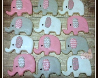 Pink Elephant Baby Girl Shower decorated Sugar Cookies 2" -1 dozen