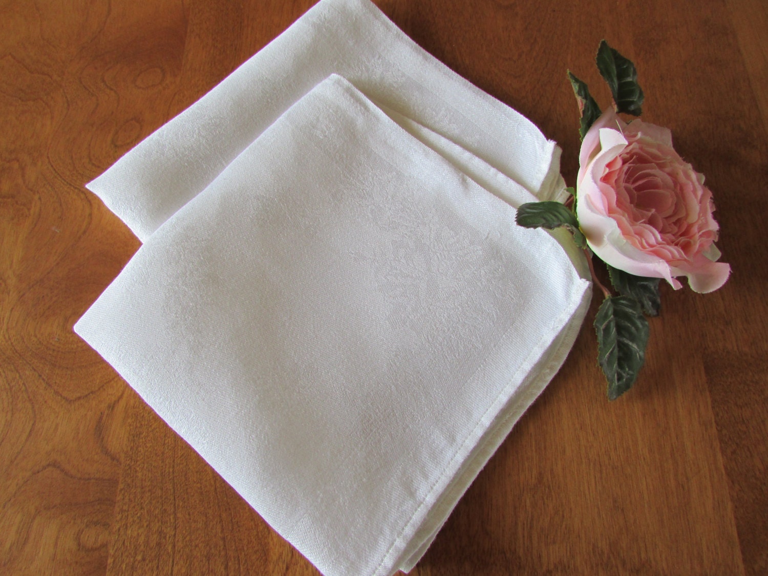 Two Damask Linen Napkins White Napkins Dinner Napkins