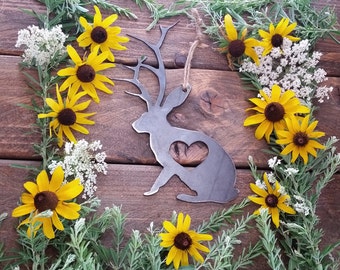 Jackalope Love Rustic Christmas Ornament Metal Heart Christmas Tree Decoration Holiday Gift Industrial Decor Wedding By BE Creations