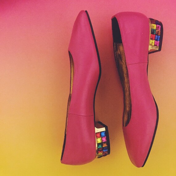 Size 5.5 Hot Pink Nina Kitten Heels with Rainbow Rhinestone