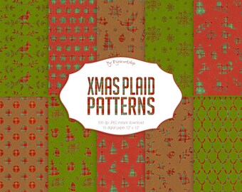Christmas Plaid Digital Paper - "Plaid & Xmas" patterns with plaid textures and digital xmas backgrounds in red, green and brown colors