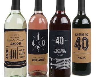 40th Birthday Wine Bottle Labels - Custom Milestone Birthday Wine Bottle Labels - Funny Personalized Wine Birthday Gift - Set of 4 Labels