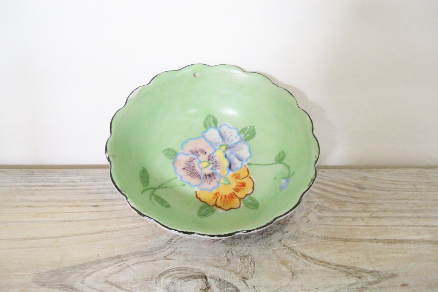 Vintage Greenware Pottery Bowl with Raised Flowers Hand