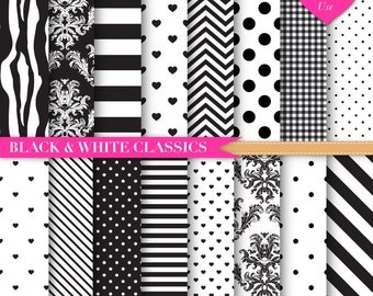Black and White Digital Paper | Chevron | Zebra Print Digital Paper | Black Stripes | Black and White Polka Dots Digital Paper