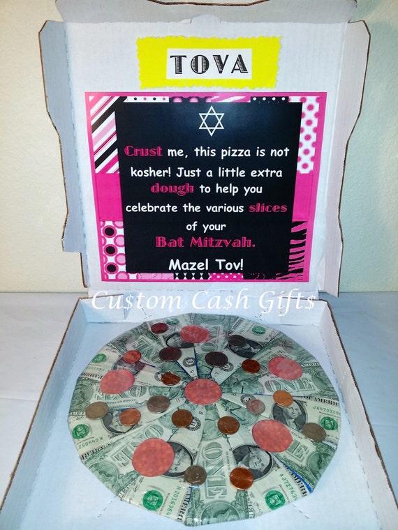 MONEY GIFT Made with Real Money. Bat Mitzvah Moolah Pizza.