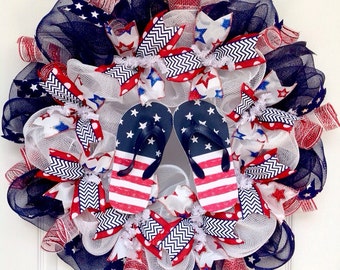 Patriotic Flip Flop Beach Deco Mesh Wreath
