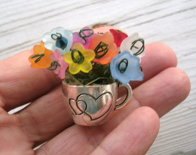 Miniature Cup of flowers, Custom Made gift - 1 1/2" silver metal cup, lucite flowers, made to order, price is for one, a one of a kind gift