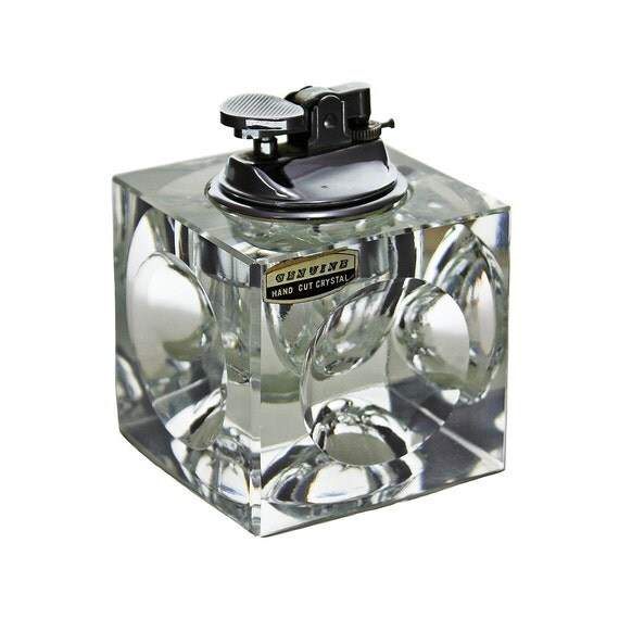 Hand Cut Crystal Cube Lighter Mid Century Table Decor Gift for