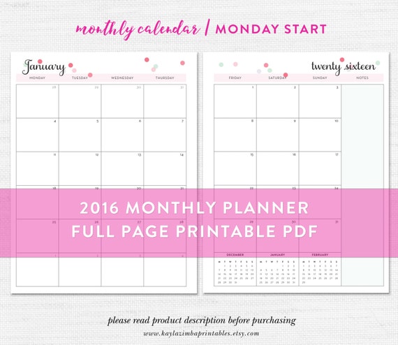 2016 Monthly Split-Page Planning Calendar by KaylaZimbaPrintables