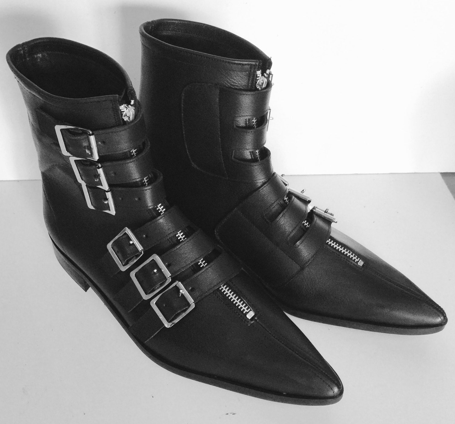 6 Buckle Winklepicker Boot in Black Leather