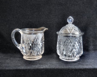 Pressed Glass Cream & Sugar Set in Diamond Pattern Antique Circa 1890s